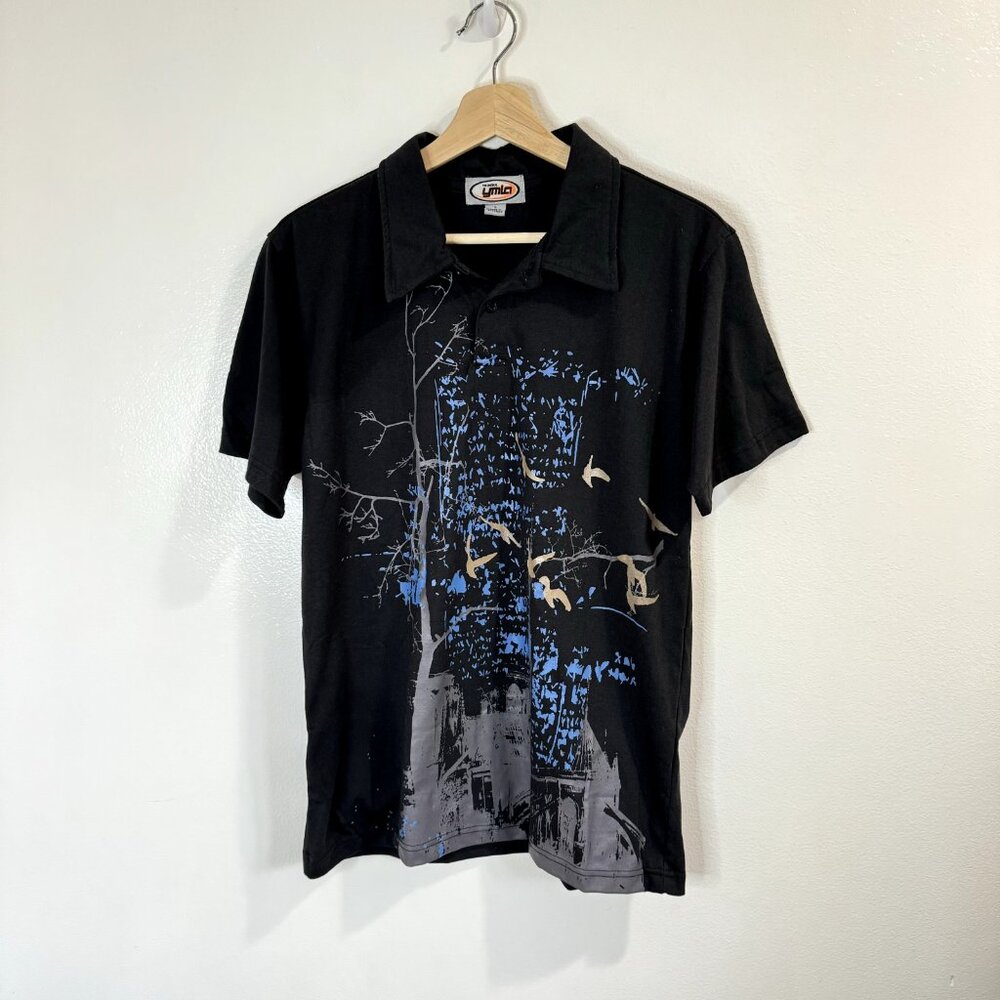 Vintage Y2K 90s YMLA Polo Shirt Size L Black Club Rave Disco Haunted House Birds